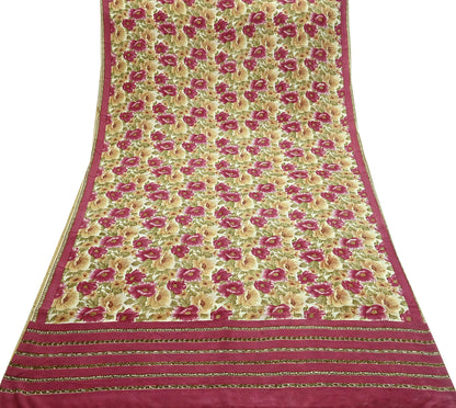 Indian Vintage Sari Beige & Pink Pure Crepe Silk Printed Saree 5yd Sewing Floral Soft Craft Fabric Wrap Dress making For Crafting Quilting