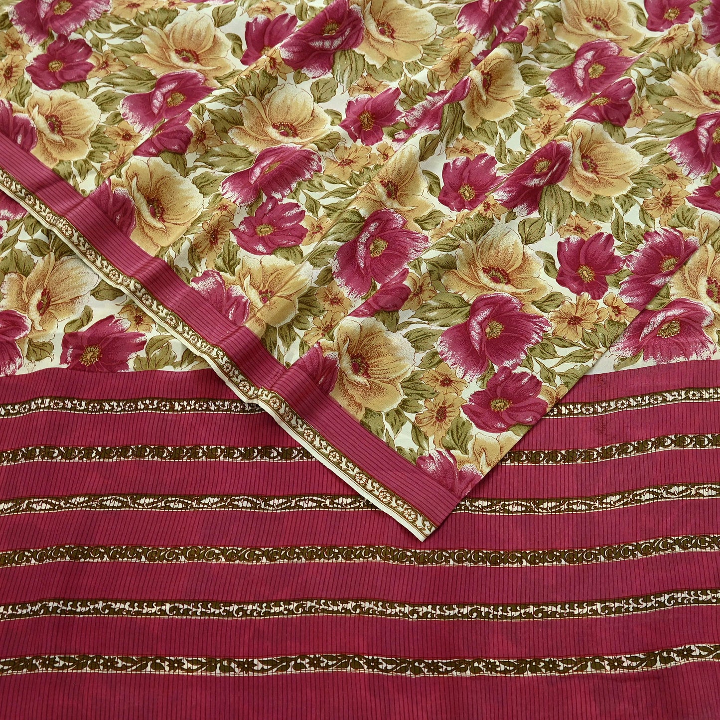 Indian Vintage Sari Beige & Pink Pure Crepe Silk Printed Saree 5yd Sewing Floral Soft Craft Fabric Wrap Dress making For Crafting Quilting