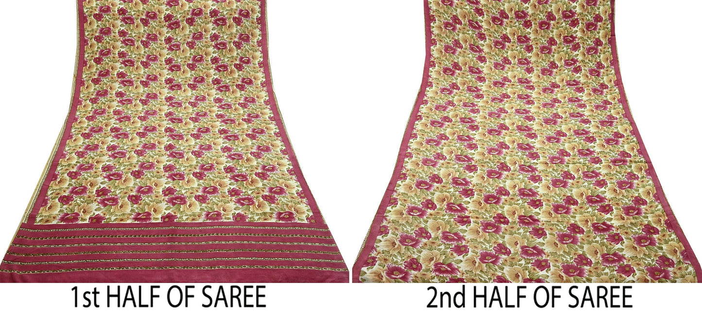 Indian Vintage Sari Beige & Pink Pure Crepe Silk Printed Saree 5yd Sewing Floral Soft Craft Fabric Wrap Dress making For Crafting Quilting