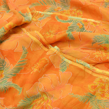Indian Vintage Sari Orange Pure Chiffon Silk Printed Sarees 5Yd Craft Fabric Sewing Soft Light Sari Dress Making Quilting For Crating
