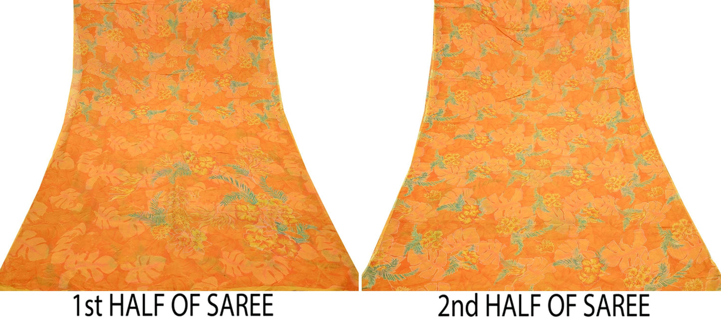 Indian Vintage Sari Orange Pure Chiffon Silk Printed Sarees 5Yd Craft Fabric Sewing Soft Light Sari Dress Making Quilting For Crating