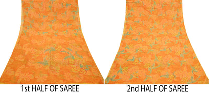 Indian Vintage Sari Orange Pure Chiffon Silk Printed Sarees 5Yd Craft Fabric Sewing Soft Light Sari Dress Making Quilting For Crating