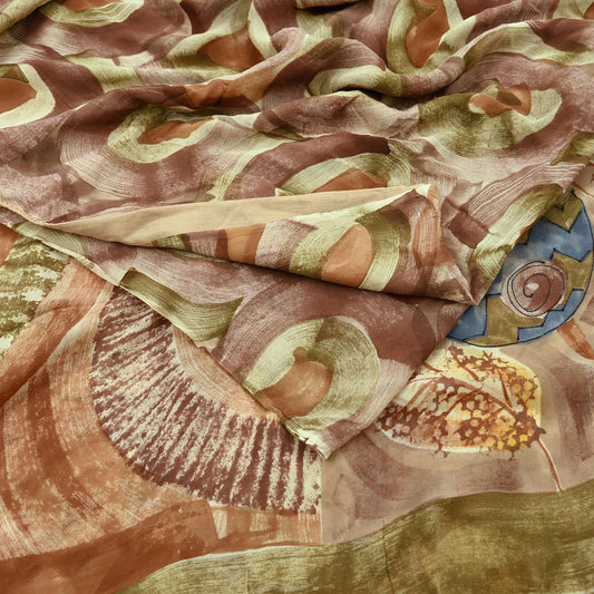 Women Vintage Sari Ivory & Brown Pure Georgette Silk Printed Saree Craft Fabric Sewing 5Yard Soft Light Dress Making Floral