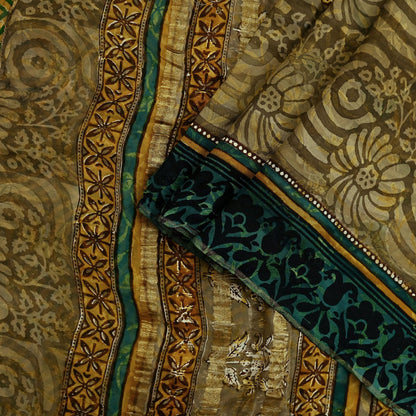 Indian Vintage Sari Green Pure Georgette Silk Block Printed Sarees Craft Fabric Sewing 5Yd Soft Zari Dress Making Crafting Quilting Upcycle