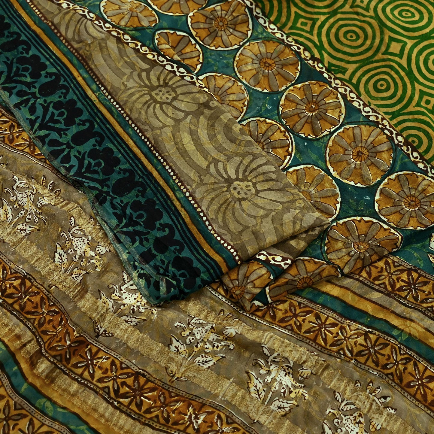 Indian Vintage Sari Green Pure Georgette Silk Block Printed Sarees Craft Fabric Sewing 5Yd Soft Zari Dress Making Crafting Quilting Upcycle