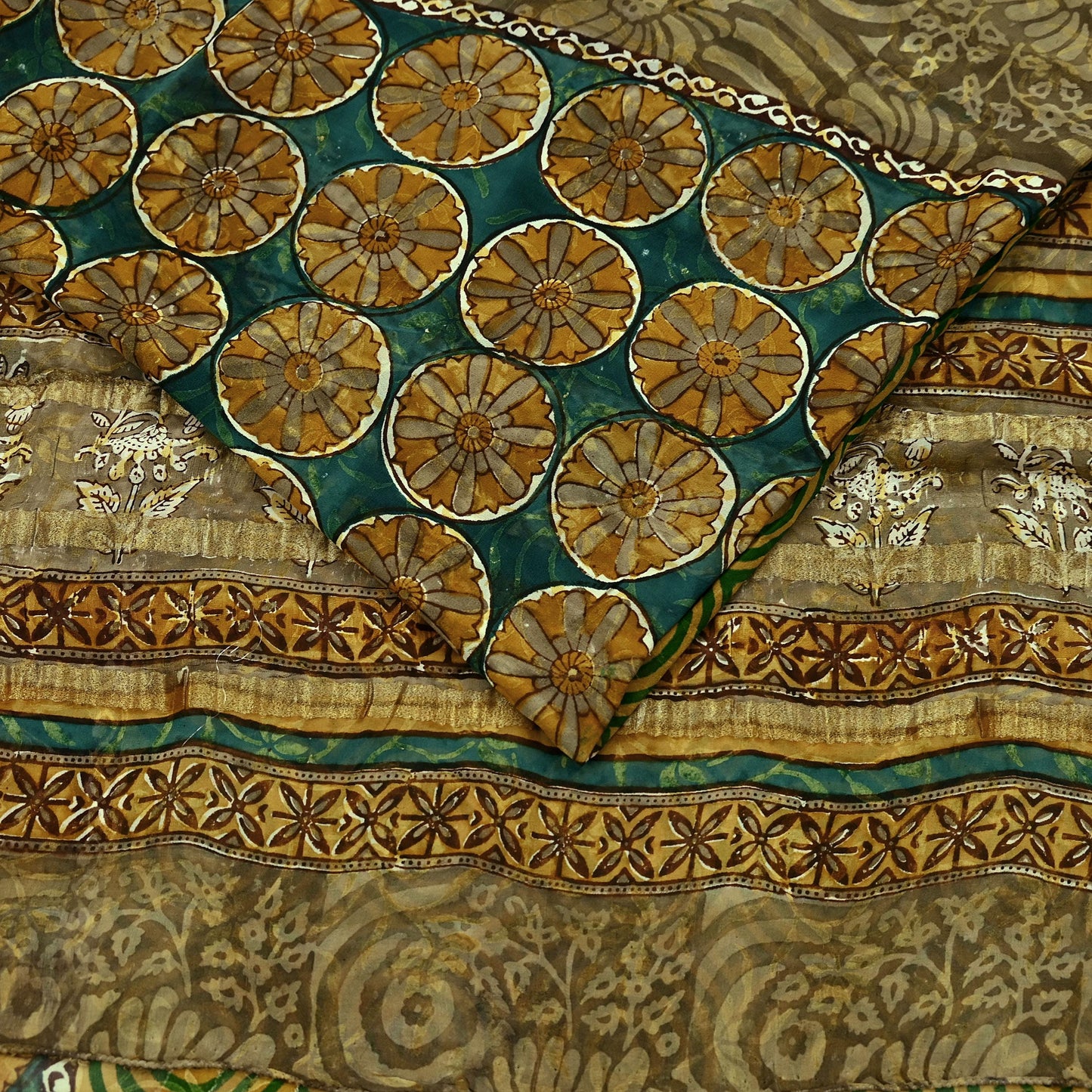 Indian Vintage Sari Green Pure Georgette Silk Block Printed Sarees Craft Fabric Sewing 5Yd Soft Zari Dress Making Crafting Quilting Upcycle