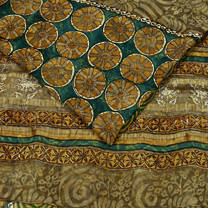 Indian Vintage Sari Green Pure Georgette Silk Block Printed Sarees Craft Fabric Sewing 5Yd Soft Zari Dress Making Crafting Quilting Upcycle