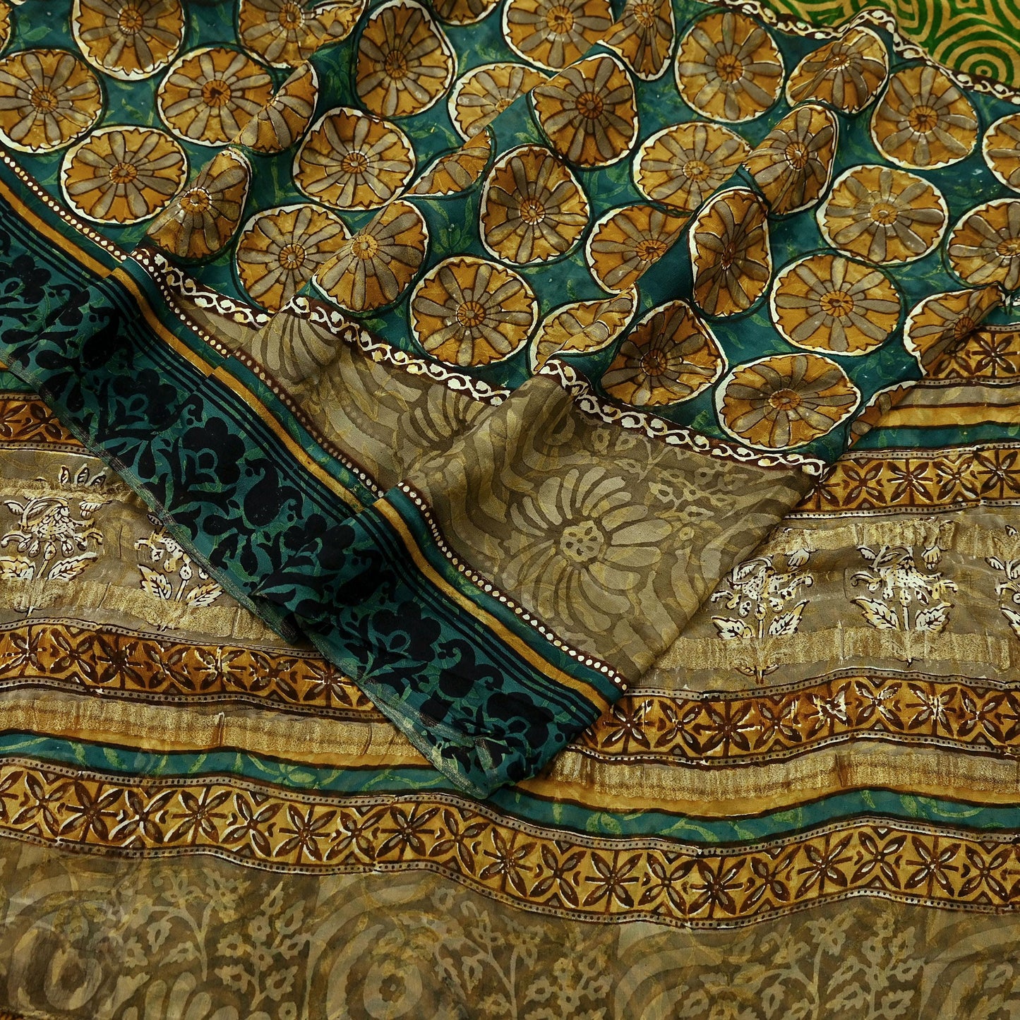 Indian Vintage Sari Green Pure Georgette Silk Block Printed Sarees Craft Fabric Sewing 5Yd Soft Zari Dress Making Crafting Quilting Upcycle