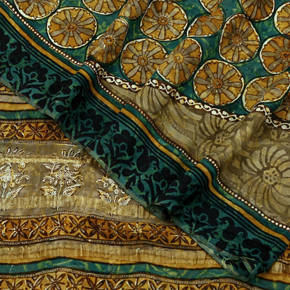 Indian Vintage Sari Green Pure Georgette Silk Block Printed Sarees Craft Fabric Sewing 5Yd Soft Zari Dress Making Crafting Quilting Upcycle