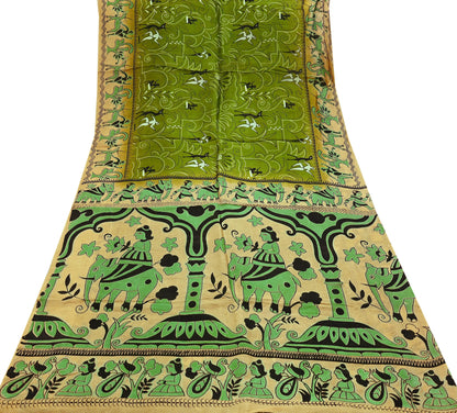 Indian Vintage Sari Beige & green Pure Silk Warli Printed Saree Craft Fabric 5Yd Dress making Sewing Dress making For Crafting Quilting