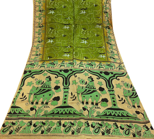 Indian Vintage Sari Beige & green Pure Silk Warli Printed Saree Craft Fabric 5Yd Dress making Sewing Dress making For Crafting Quilting