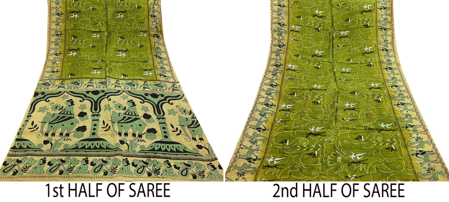 Indian Vintage Sari Beige & green Pure Silk Warli Printed Saree Craft Fabric 5Yd Dress making Sewing Dress making For Crafting Quilting