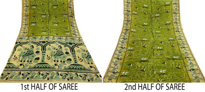 Indian Vintage Sari Beige & green Pure Silk Warli Printed Saree Craft Fabric 5Yd Dress making Sewing Dress making For Crafting Quilting
