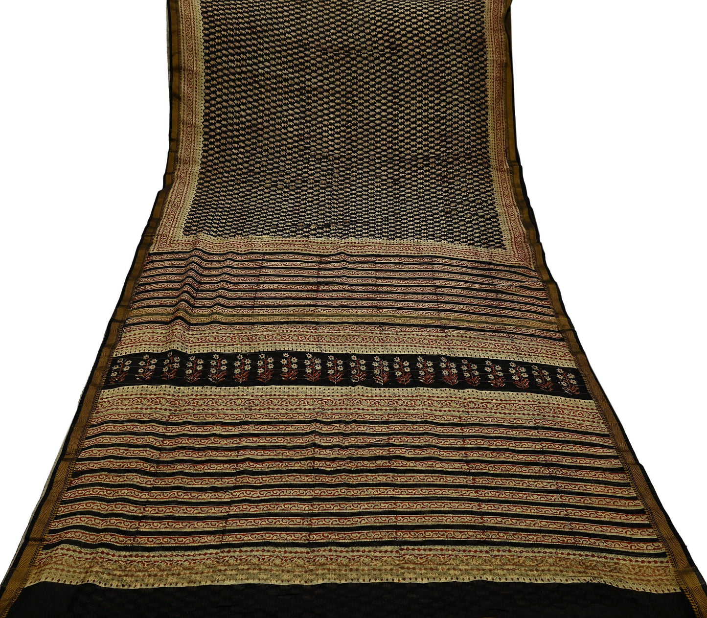 Indian Vintage Sari Beige & Black Pure chanderi Silk Bagru Printed Sarees Craft Fabric 5Yd Floral Soft Zari Border Ethnic Dress making
