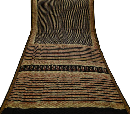 Indian Vintage Sari Beige & Black Pure chanderi Silk Bagru Printed Sarees Craft Fabric 5Yd Floral Soft Zari Border Ethnic Dress making