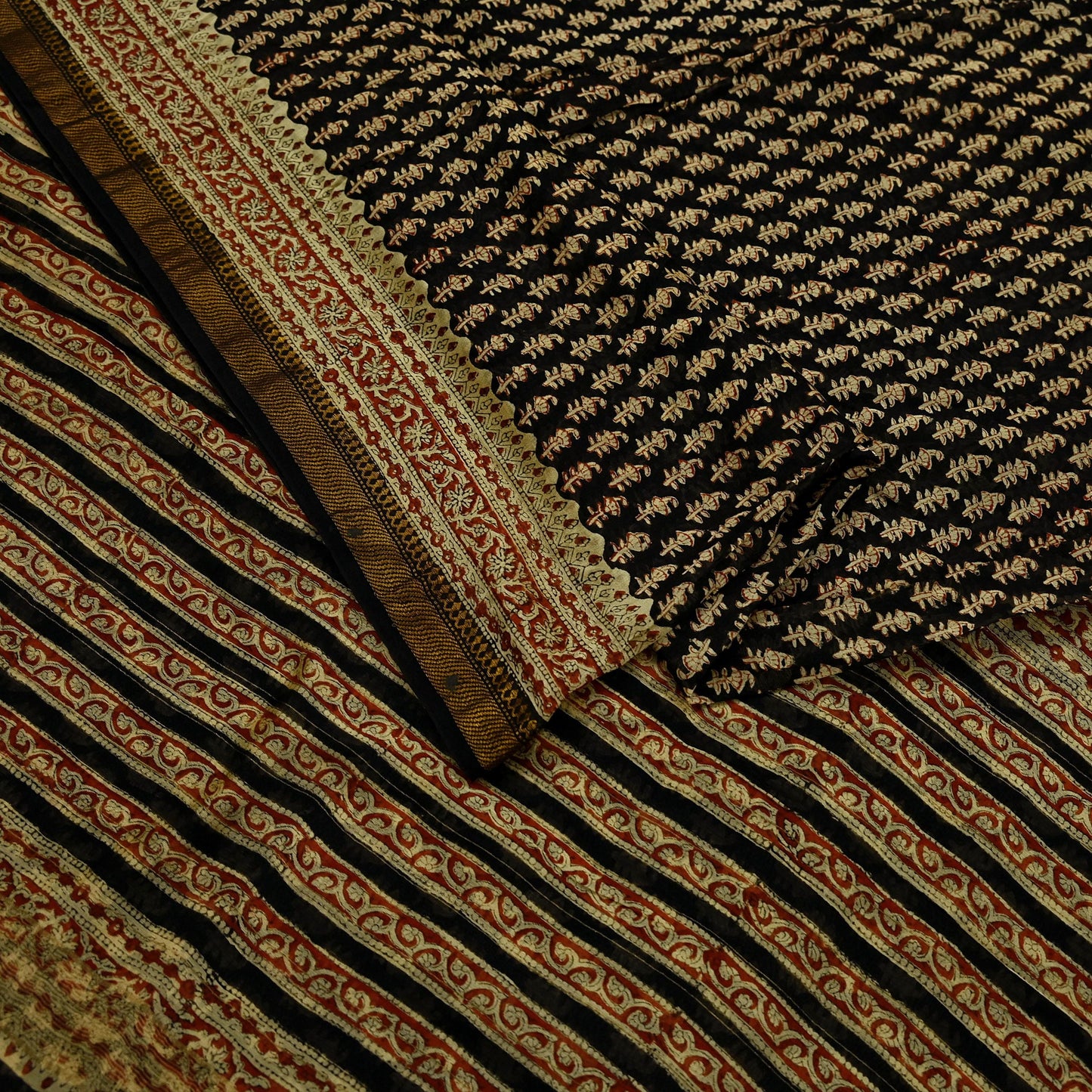 Indian Vintage Sari Beige & Black Pure chanderi Silk Bagru Printed Sarees Craft Fabric 5Yd Floral Soft Zari Border Ethnic Dress making