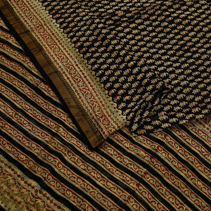 Indian Vintage Sari Beige & Black Pure chanderi Silk Bagru Printed Sarees Craft Fabric 5Yd Floral Soft Zari Border Ethnic Dress making