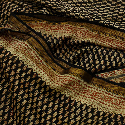 Indian Vintage Sari Beige & Black Pure chanderi Silk Bagru Printed Sarees Craft Fabric 5Yd Floral Soft Zari Border Ethnic Dress making