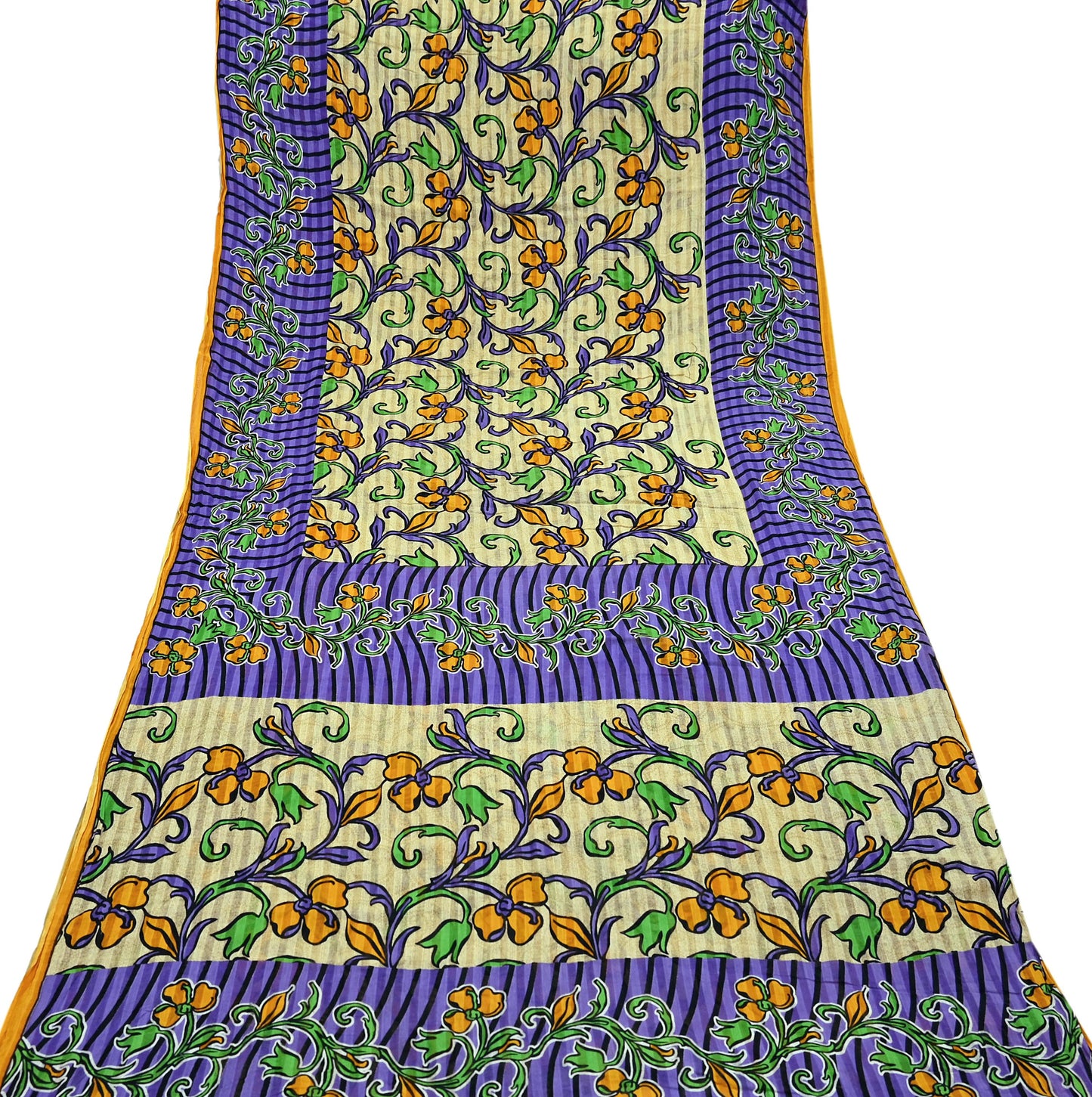 Indian Vintage Sari Beige & Purple Pure Cotton Printed Sarees Craft Fabric Soft 5Yd Sarong Wrap Boho Fabric Kimono Quilting Crafting Upcycle