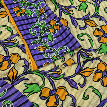 Indian Vintage Sari Beige & Purple Pure Cotton Printed Sarees Craft Fabric Soft 5Yd Sarong Wrap Boho Fabric Kimono Quilting Crafting Upcycle