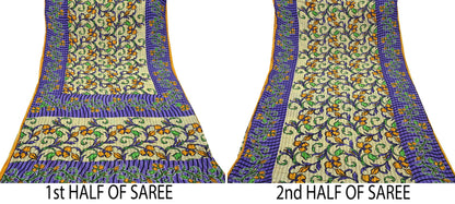 Indian Vintage Sari Beige & Purple Pure Cotton Printed Sarees Craft Fabric Soft 5Yd Sarong Wrap Boho Fabric Kimono Quilting Crafting Upcycle