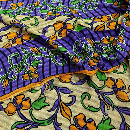 Indian Vintage Sari Beige & Purple Pure Cotton Printed Sarees Craft Fabric Soft 5Yd Sarong Wrap Boho Fabric Kimono Quilting Crafting Upcycle