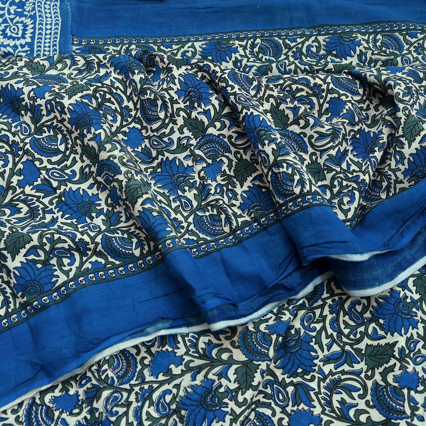 Indian Vintage Sari Ivory & Blue Printed Pure Cotton Sarees 5Yd Craft Fabric Sewing Sarong Wrap Boho Upcycle quilting Dress making