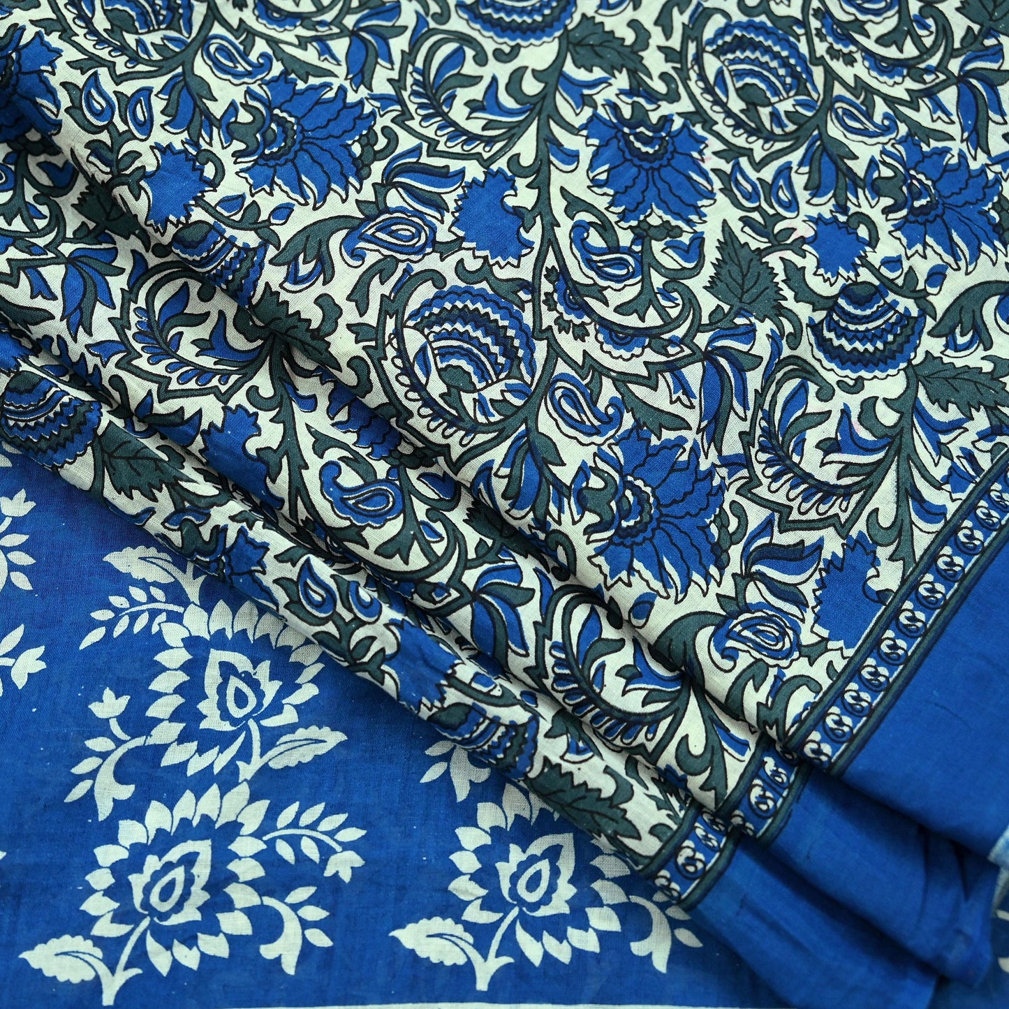 Indian Vintage Sari Ivory & Blue Printed Pure Cotton Sarees 5Yd Craft Fabric Sewing Sarong Wrap Boho Upcycle quilting Dress making