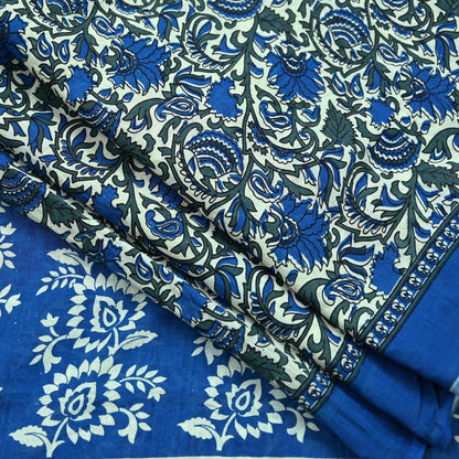 Indian Vintage Sari Ivory & Blue Printed Pure Cotton Sarees 5Yd Craft Fabric Sewing Sarong Wrap Boho Upcycle quilting Dress making