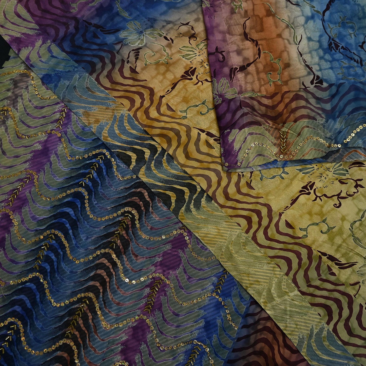 Indian Vintage Sari Multi Pure Crepe Silk Hand Embroidered Sarees 6yd Sewing Floral Craft Sequins Dress making Crafting Quilting