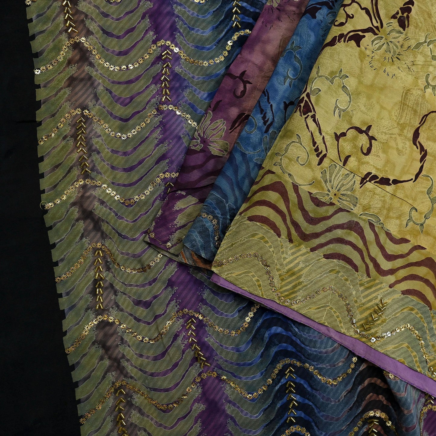 Indian Vintage Sari Multi Pure Crepe Silk Hand Embroidered Sarees 6yd Sewing Floral Craft Sequins Dress making Crafting Quilting