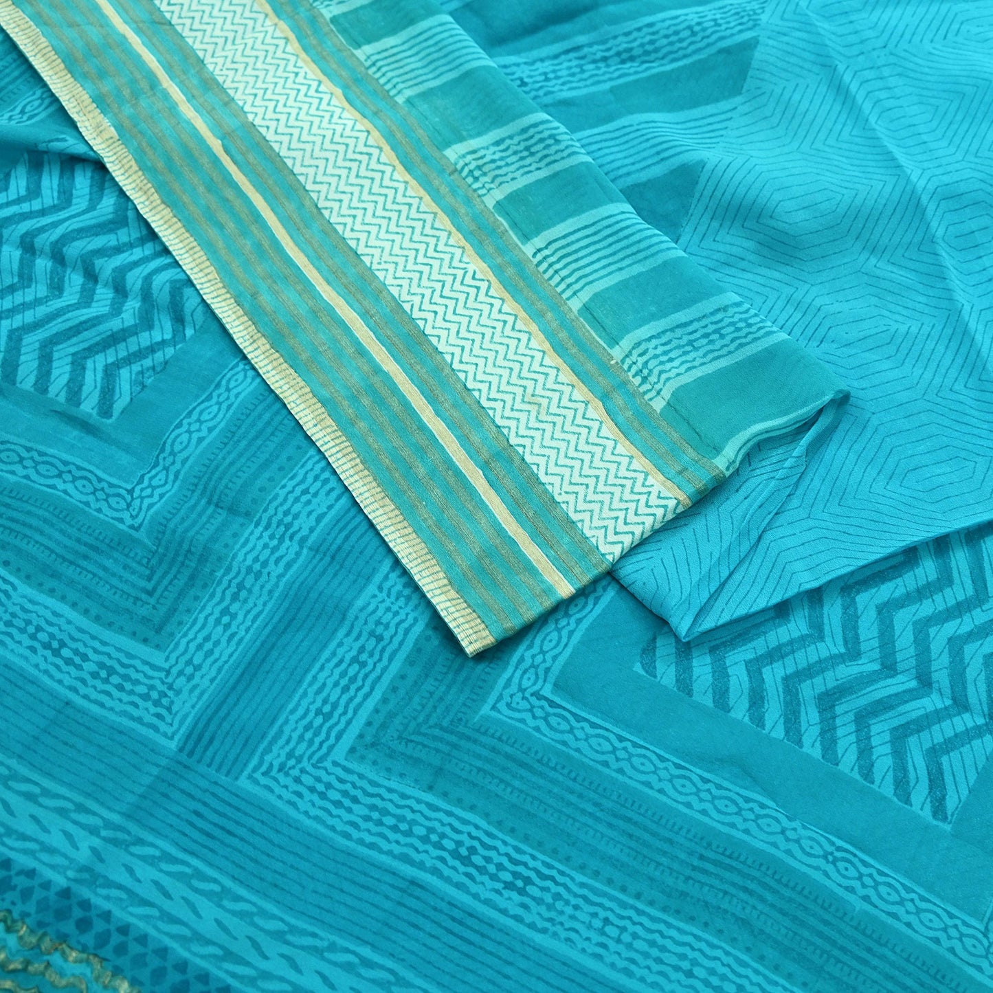 Women Vintage Sari Blue Pure Georgette Silk Printed Saree Craft Fabric Sewing 6Yd Soft Light Dress Making Quilting Abstract Zari
