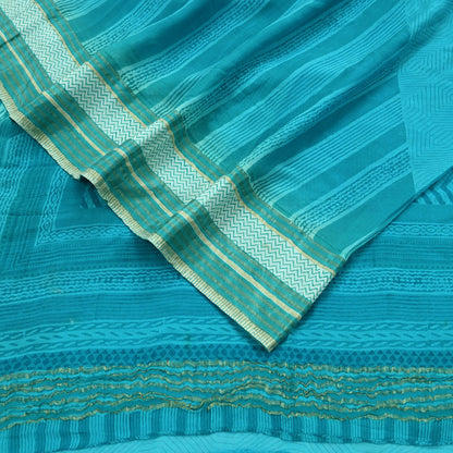 Women Vintage Sari Blue Pure Georgette Silk Printed Saree Craft Fabric Sewing 6Yd Soft Light Dress Making Quilting Abstract Zari