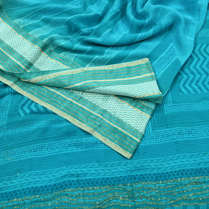 Women Vintage Sari Blue Pure Georgette Silk Printed Saree Craft Fabric Sewing 6Yd Soft Light Dress Making Quilting Abstract Zari