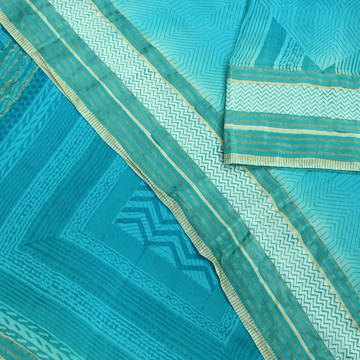 Women Vintage Sari Blue Pure Georgette Silk Printed Saree Craft Fabric Sewing 6Yd Soft Light Dress Making Quilting Abstract Zari