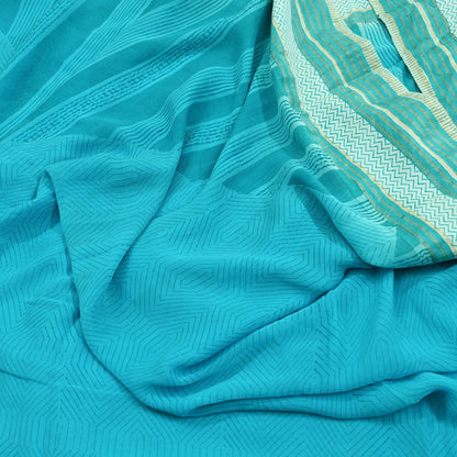 Women Vintage Sari Blue Pure Georgette Silk Printed Saree Craft Fabric Sewing 6Yd Soft Light Dress Making Quilting Abstract Zari
