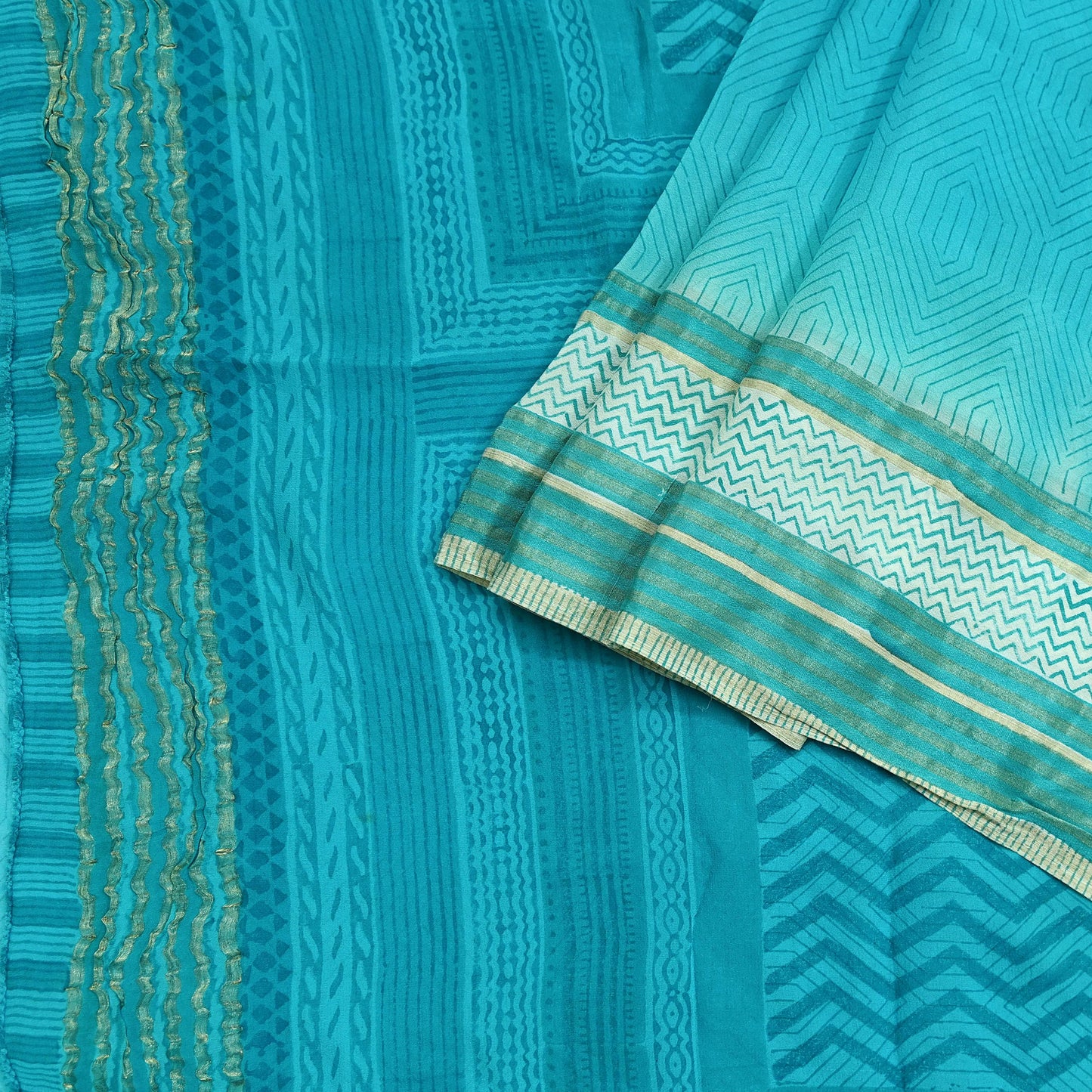 Women Vintage Sari Blue Pure Georgette Silk Printed Saree Craft Fabric Sewing 6Yd Soft Light Dress Making Quilting Abstract Zari