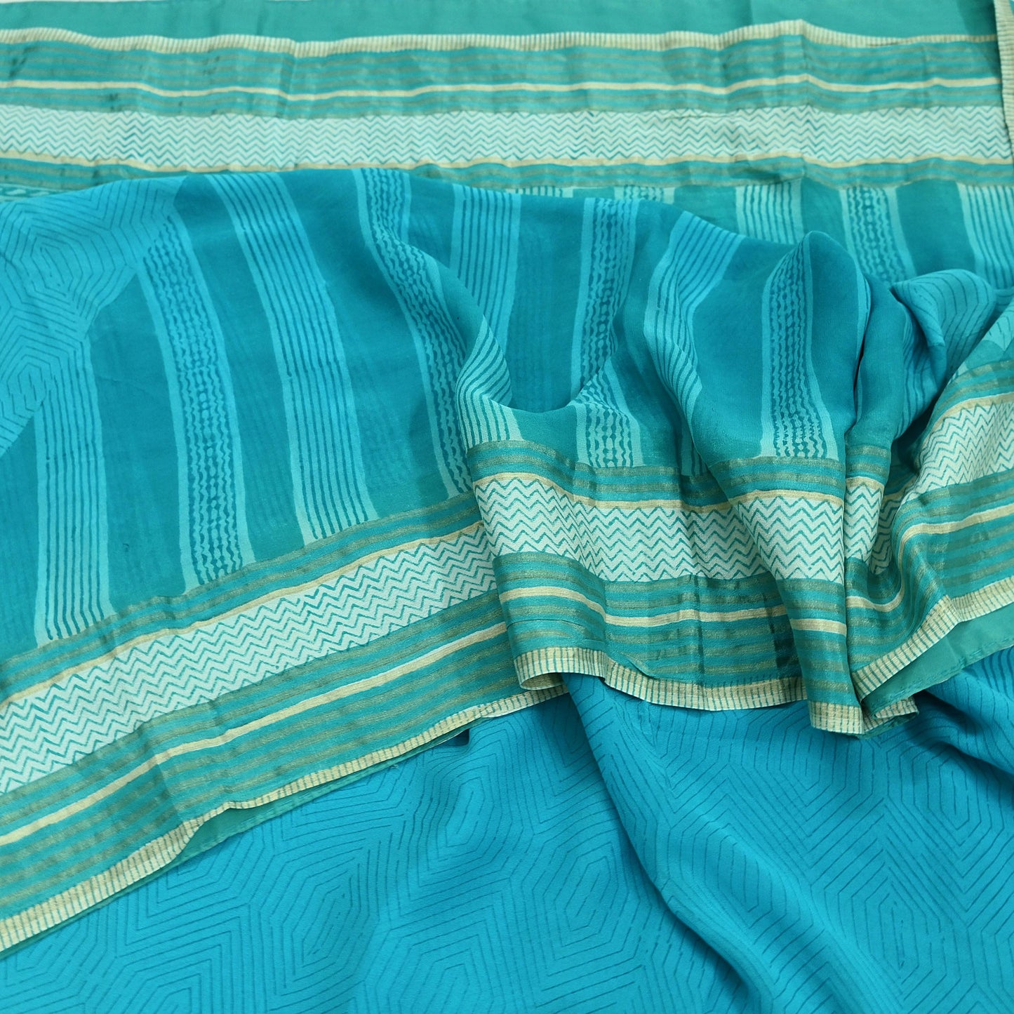 Women Vintage Sari Blue Pure Georgette Silk Printed Saree Craft Fabric Sewing 6Yd Soft Light Dress Making Quilting Abstract Zari