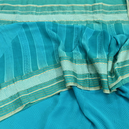 Women Vintage Sari Blue Pure Georgette Silk Printed Saree Craft Fabric Sewing 6Yd Soft Light Dress Making Quilting Abstract Zari