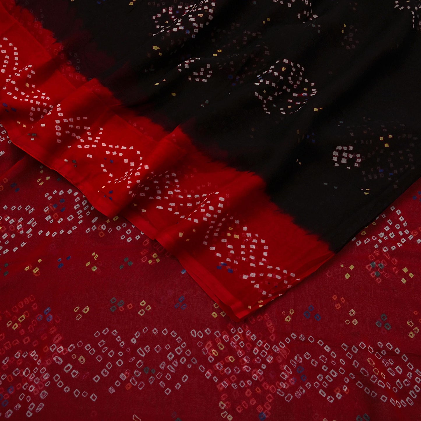 Women Vintage Red & black Saree Pure Georgette Silk Bandhani Printed Sari Craft Fabric Sewing 5Yard Soft Light Sari Dress Making Quilting