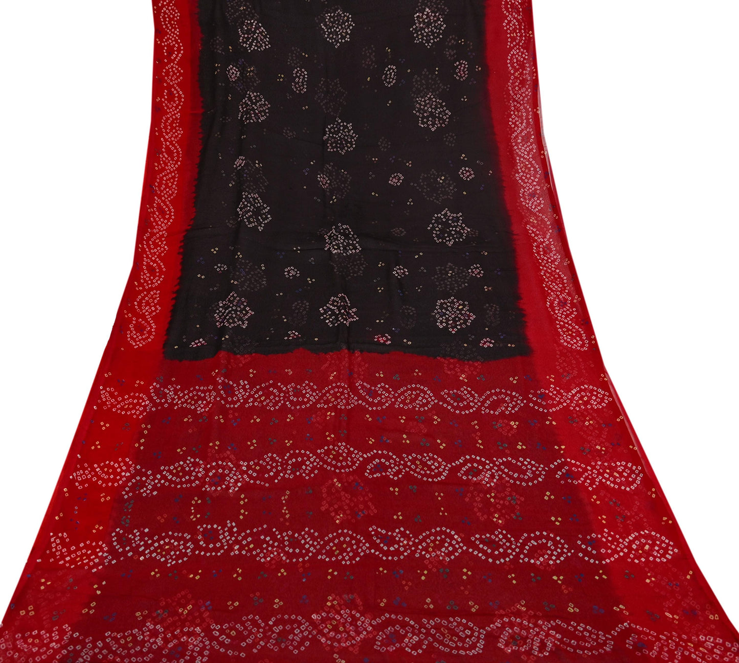 Women Vintage Red & black Saree Pure Georgette Silk Bandhani Printed Sari Craft Fabric Sewing 5Yard Soft Light Sari Dress Making Quilting
