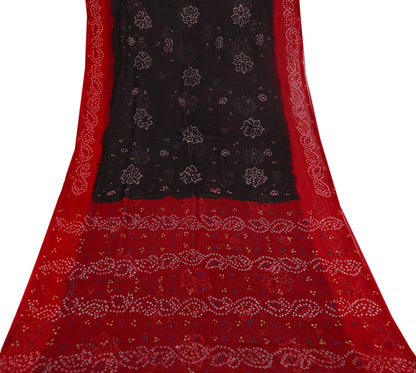 Women Vintage Red & black Saree Pure Georgette Silk Bandhani Printed Sari Craft Fabric Sewing 5Yard Soft Light Sari Dress Making Quilting