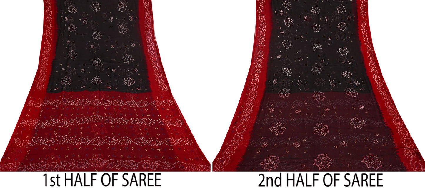 Women Vintage Red & black Saree Pure Georgette Silk Bandhani Printed Sari Craft Fabric Sewing 5Yard Soft Light Sari Dress Making Quilting