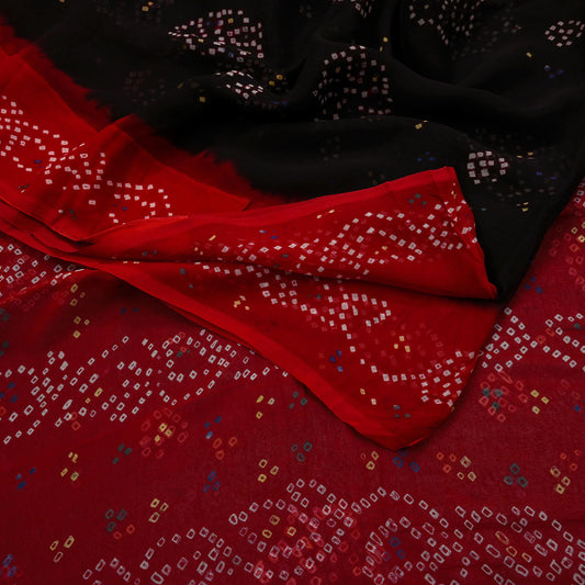 Women Vintage Red & black Saree Pure Georgette Silk Bandhani Printed Sari Craft Fabric Sewing 5Yard Soft Light Sari Dress Making Quilting
