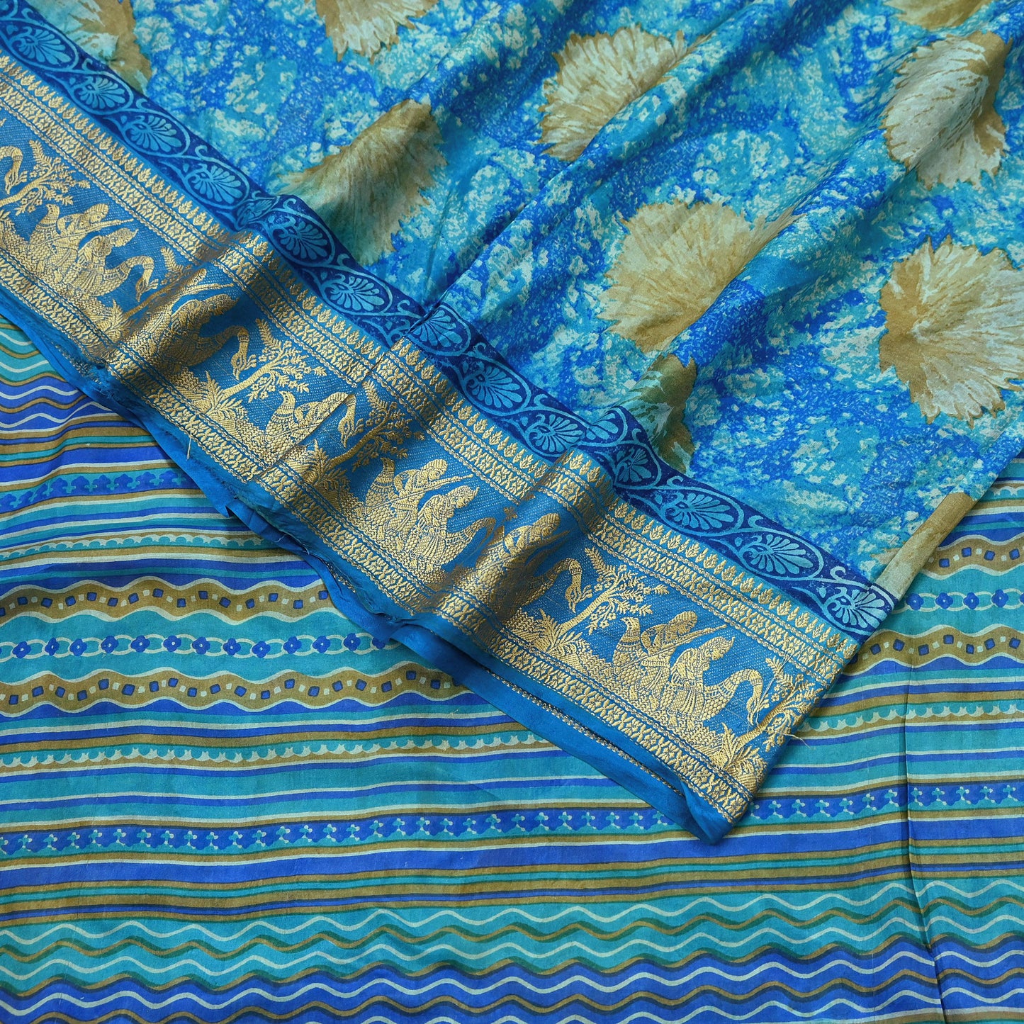 Indian Vintage Sari Green & Blue 100% Pure Silk Printed Sarees 5yd Sewing Craft Fabric Dress Making Soft Woven Border Upcycle Quilting