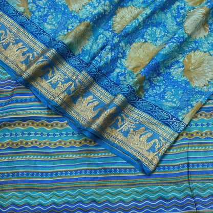 Indian Vintage Sari Green & Blue 100% Pure Silk Printed Sarees 5yd Sewing Craft Fabric Dress Making Soft Woven Border Upcycle Quilting