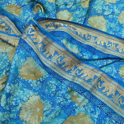 Indian Vintage Sari Green & Blue 100% Pure Silk Printed Sarees 5yd Sewing Craft Fabric Dress Making Soft Woven Border Upcycle Quilting