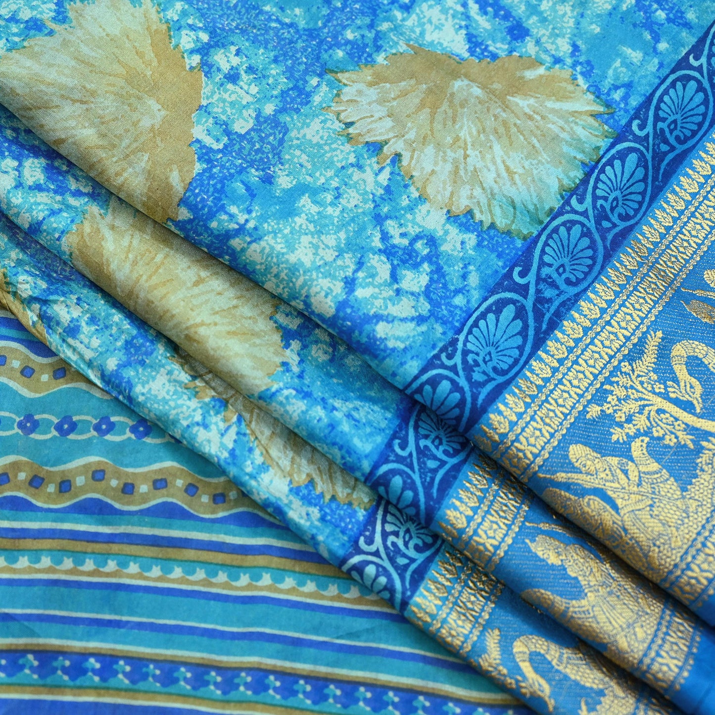 Indian Vintage Sari Green & Blue 100% Pure Silk Printed Sarees 5yd Sewing Craft Fabric Dress Making Soft Woven Border Upcycle Quilting