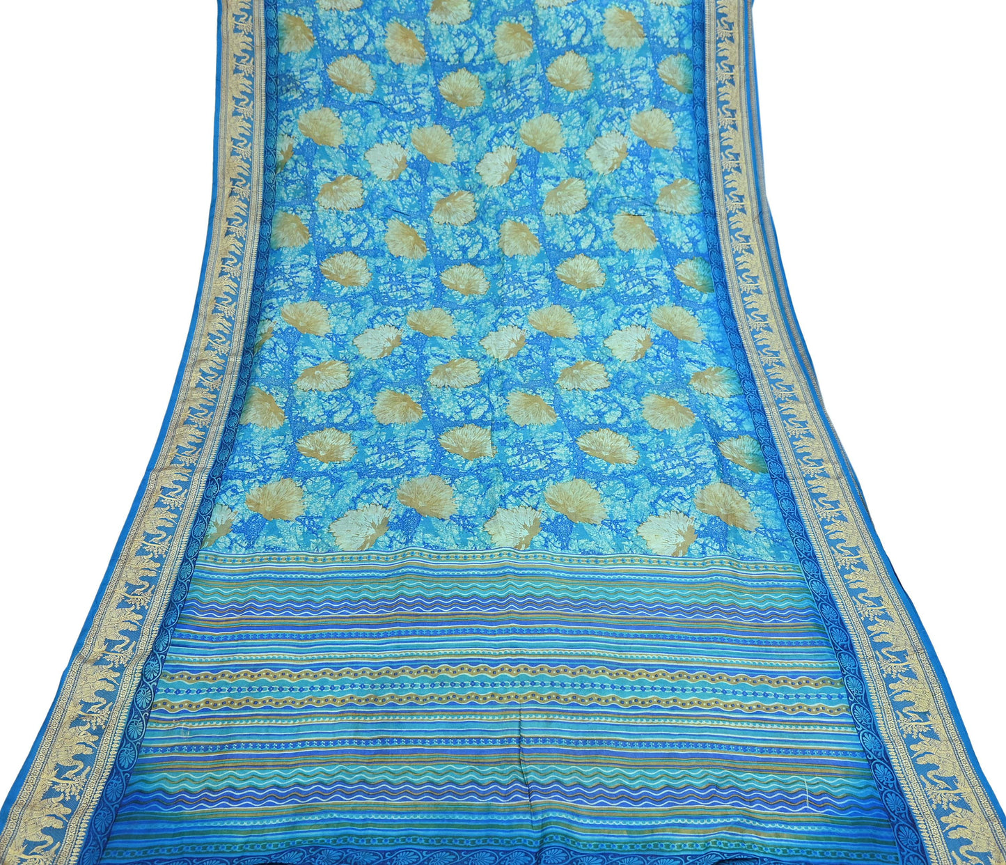 Indian Vintage Sari Green & Blue 100% Pure Silk Printed Sarees 5yd Sewing Craft Fabric Dress Making Soft Woven Border Upcycle Quilting