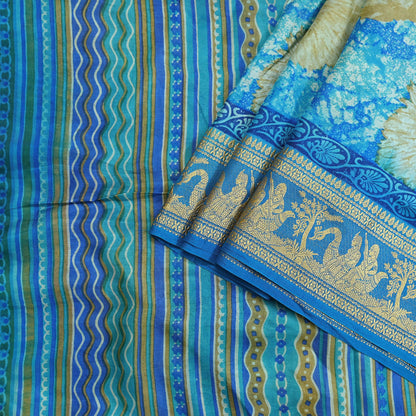 Indian Vintage Sari Green & Blue 100% Pure Silk Printed Sarees 5yd Sewing Craft Fabric Dress Making Soft Woven Border Upcycle Quilting